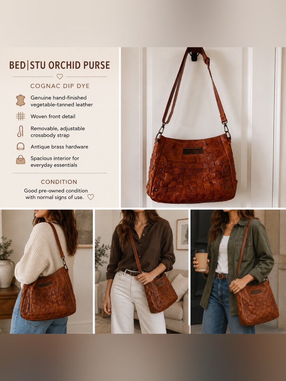 Bed|Stu Orchid Purse – Cognac Dip Dye Woven Leather Crossbody/Shoulder Bag - Picture 2 of 6